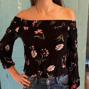 Hollister Floral Off-Shoulder (smocked) Black Top 

size M